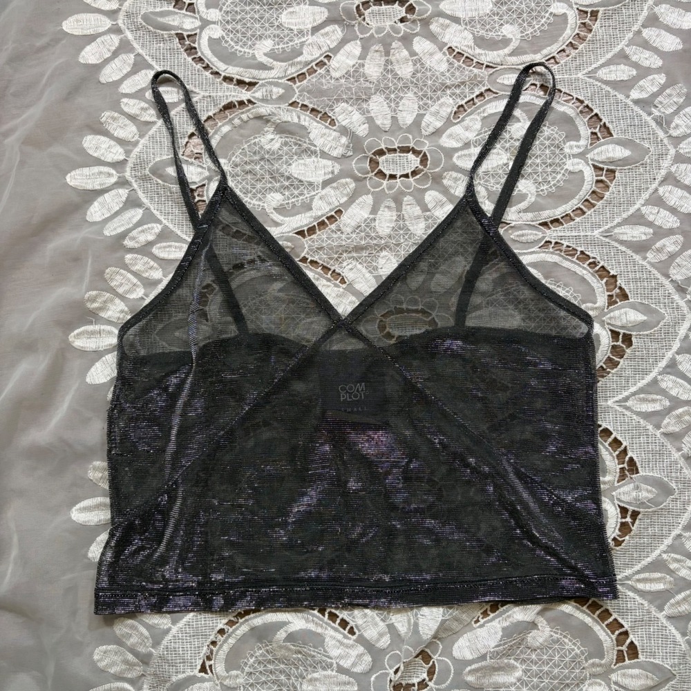 Babydoll Y2K Black Metallic Mesh Sheer Camisole Crop Top Small Silver Shimmer